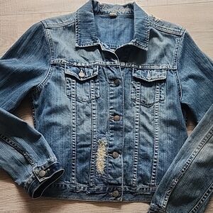 American Eagle Outfitters | Distressed Blue Jean Jacket | Beadwork Detailing